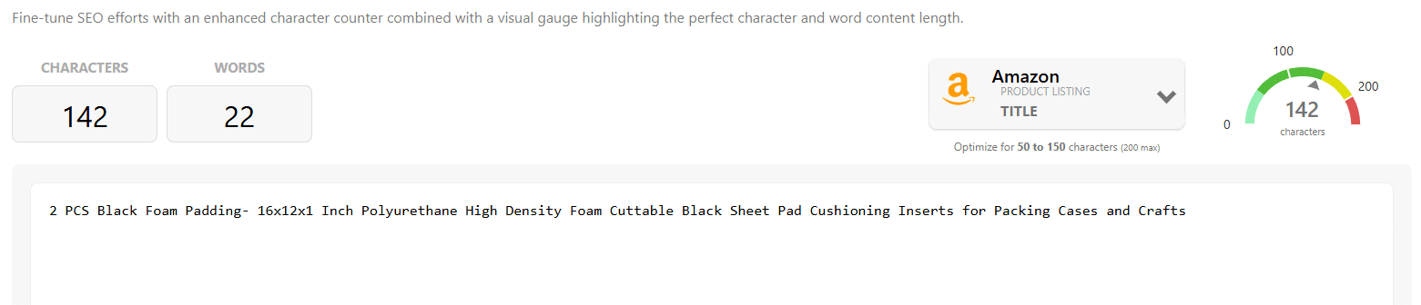 Screenshot of KTD’s Character counter tool for an Amazon product title